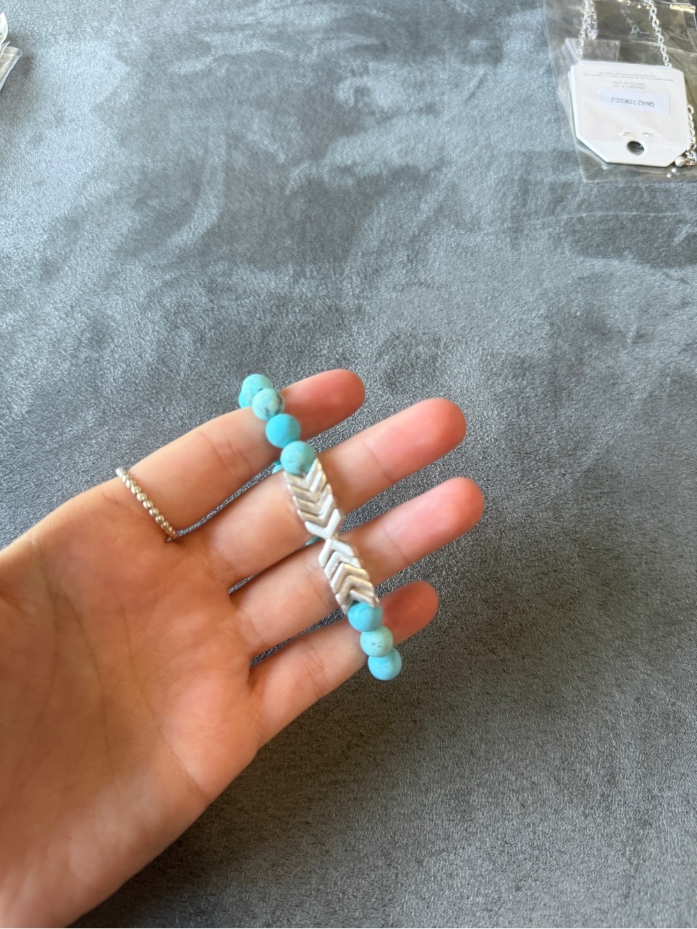Turquoise Bead Stretch Bracelet with Silver Chevron Accents